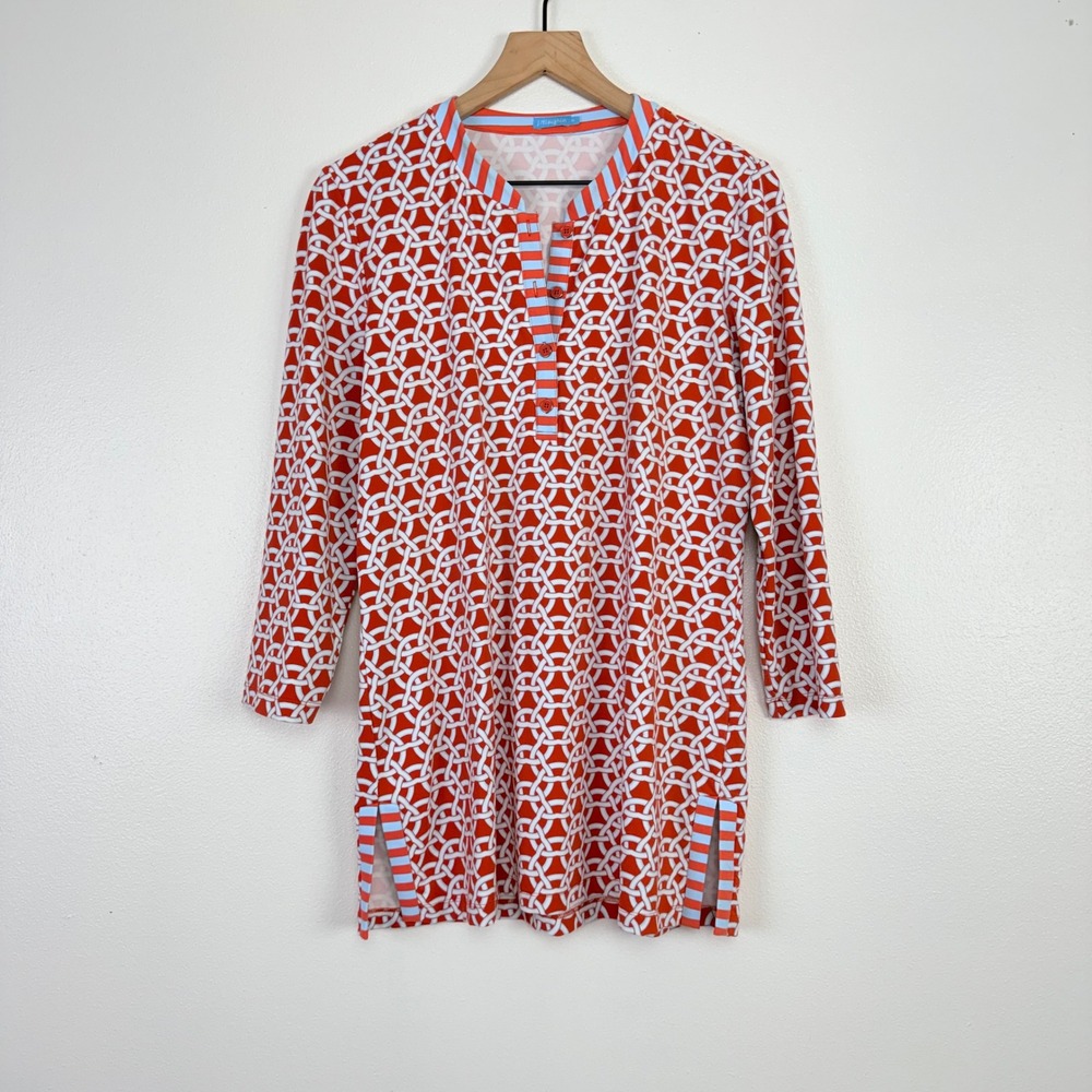 J. McLaughlin‎ Geometric Print Tunic Top Size M 3/4 Sleeve Orange Catalina Cloth